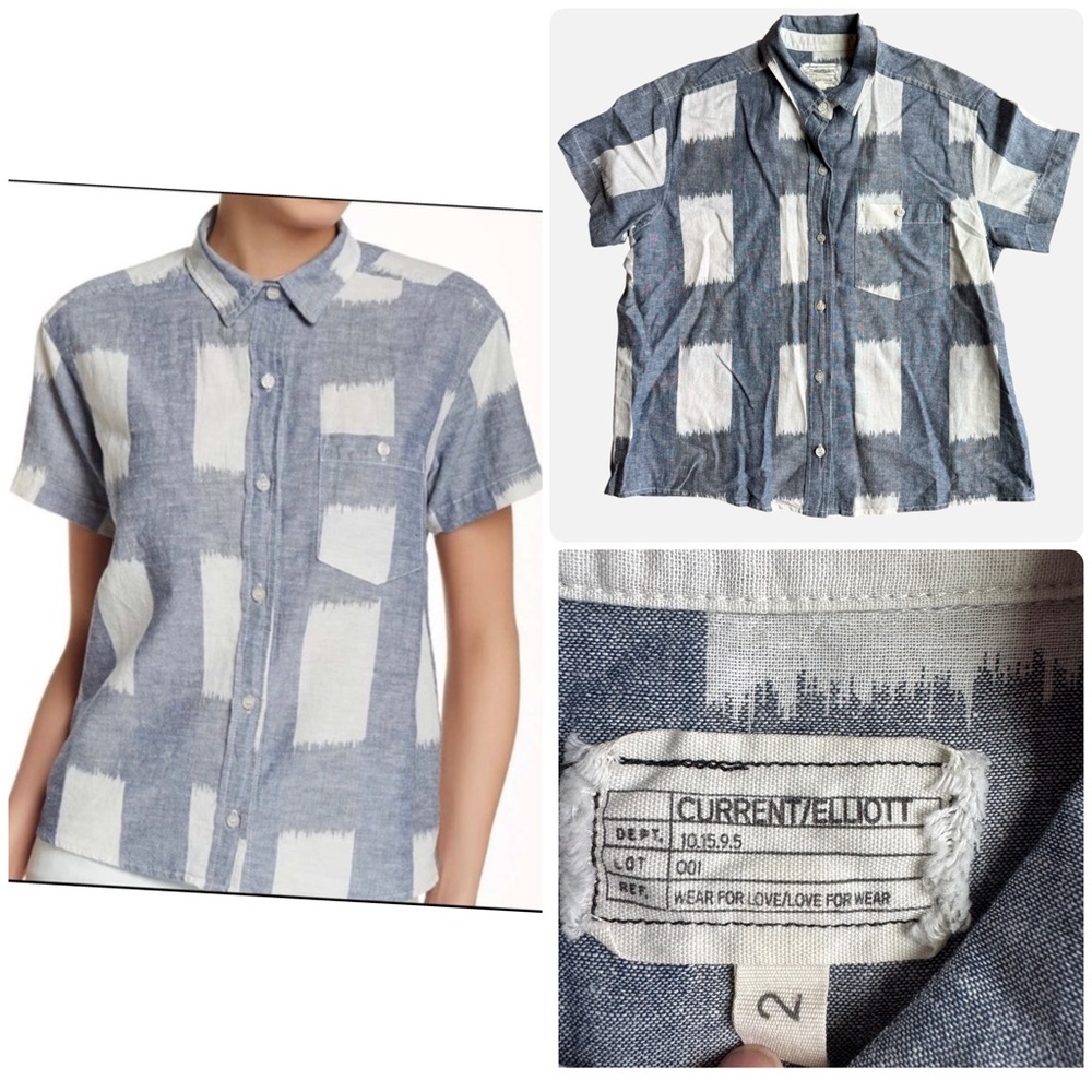 Current Elliott Women’s Blue Ikat Linen Cotton Boxy Short Sleeve Button Down 2